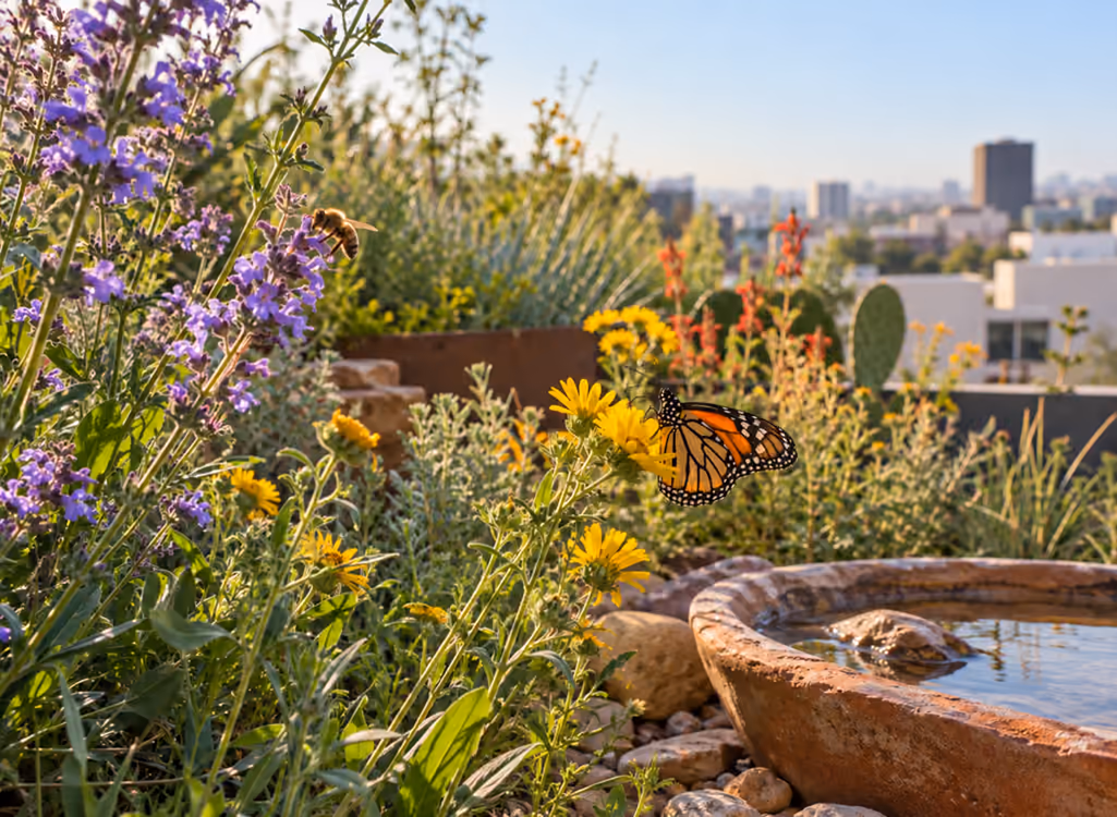 Jardín urbano con flores, una abeja y una mariposa que encuentran alimento y agua