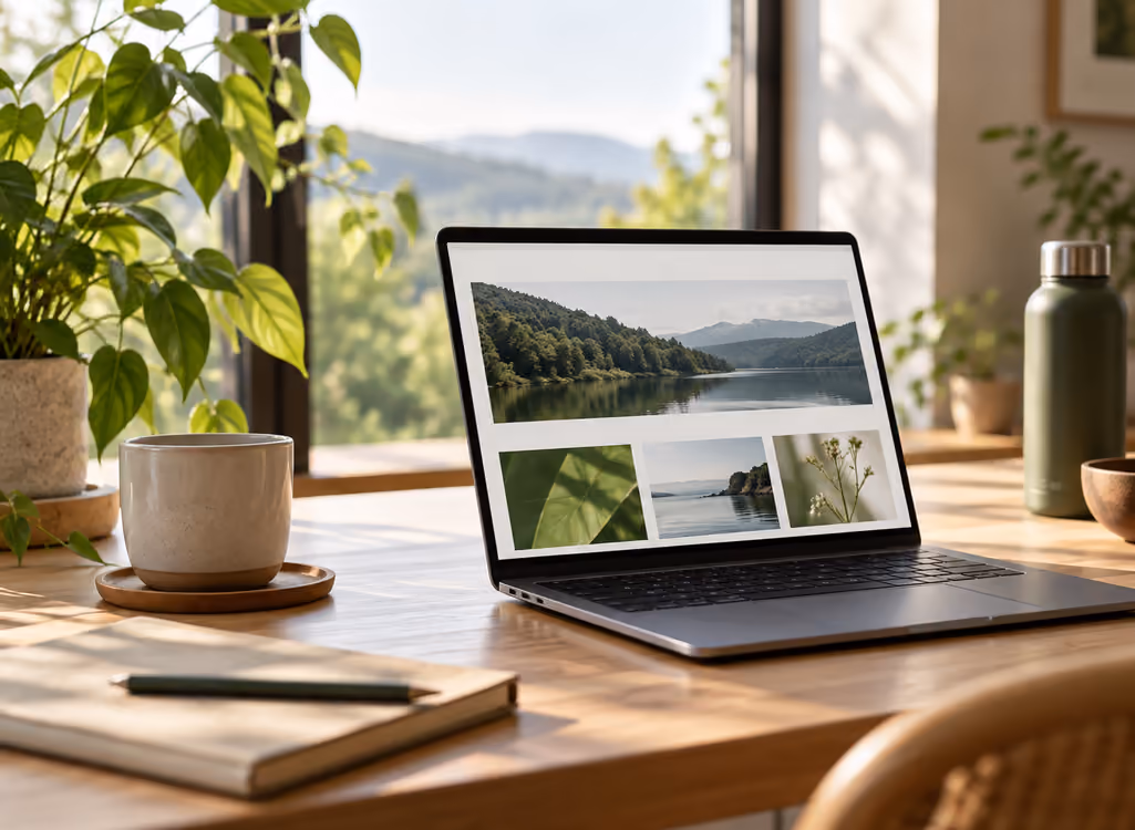 Computadora con un sitio web ligero en un espacio de trabajo rodeado de naturaleza